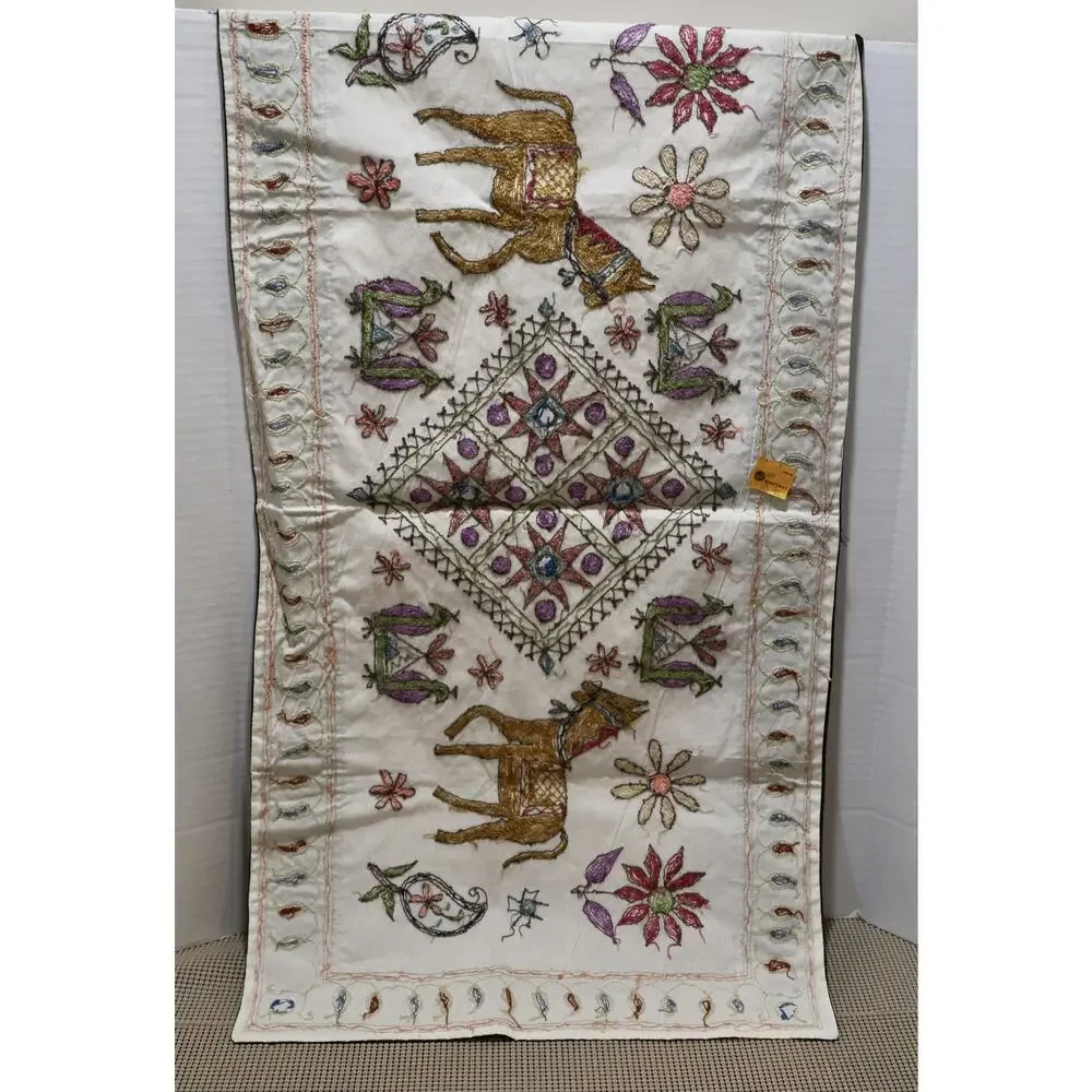 Indian Hand Embroidered Mirror Work Table Runner Wall Hanging Textile